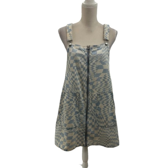 Tinseltown Bib Dress Pastel Denim Checkered Women’s XL Pockets Beach Sundress - Picture 1 of 6